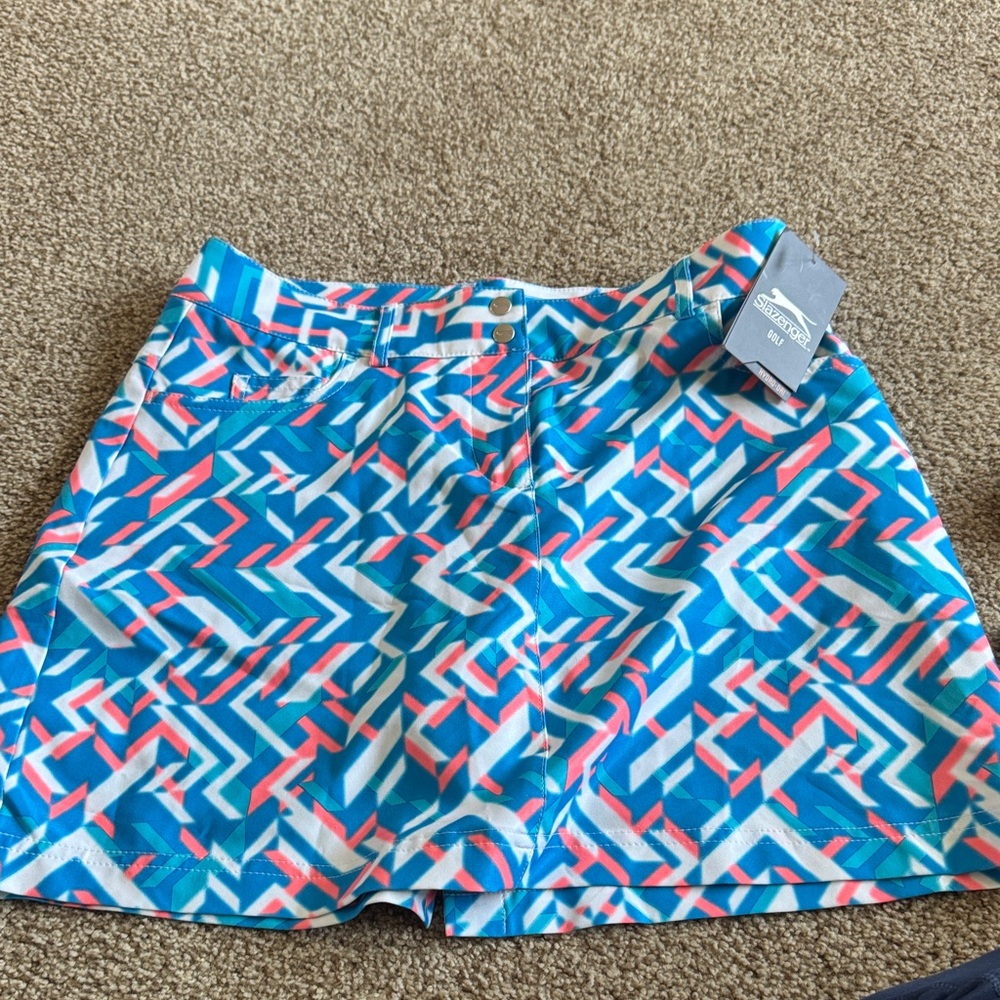Slazenger Blue Geo-Print Midi Skirt with Coral and White Accents